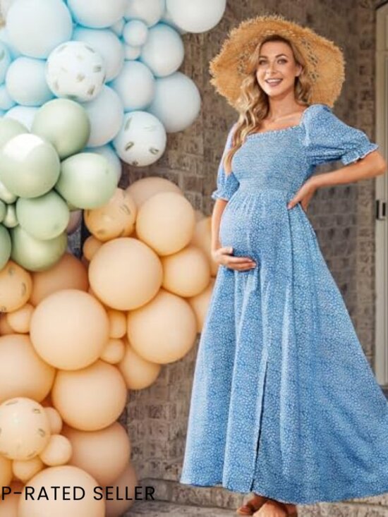 Floral Maternity Maxi Dress Puff Sleeve Square Neck Boho Chic A-Line - Picture 2 of 6